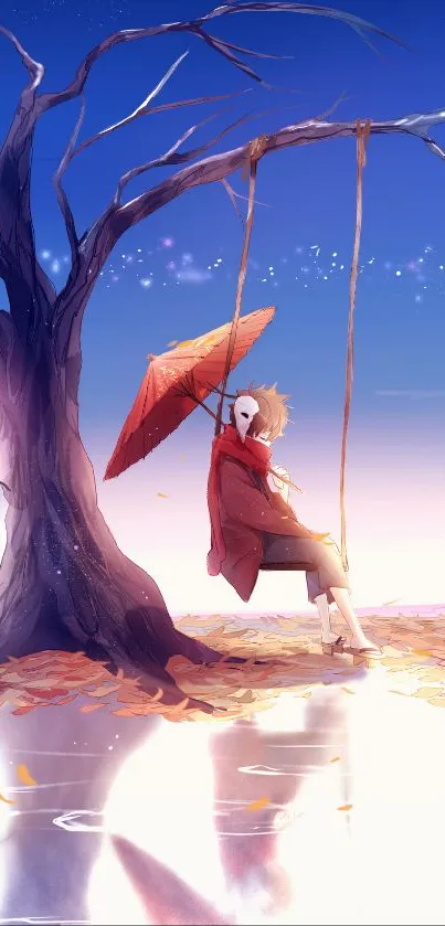 Artistic wallpaper with swing and masked figure under a tree.