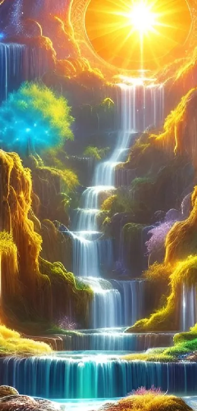 Fantasy waterfall scene with vibrant colors and glowing sunrise.