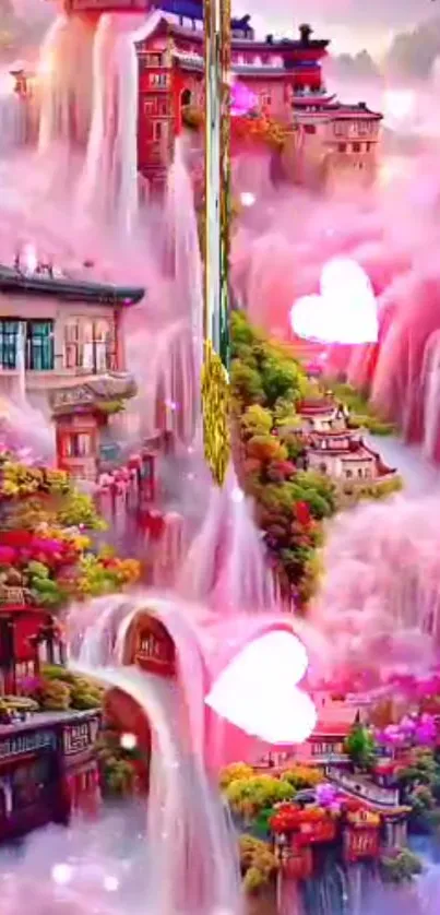 Fantasy art with vibrant pink waterfalls and dreamlike scenery.