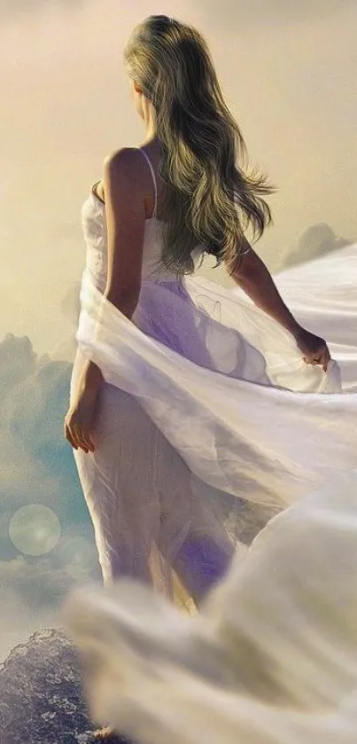 Ethereal woman in white dress standing against a serene sky backdrop.