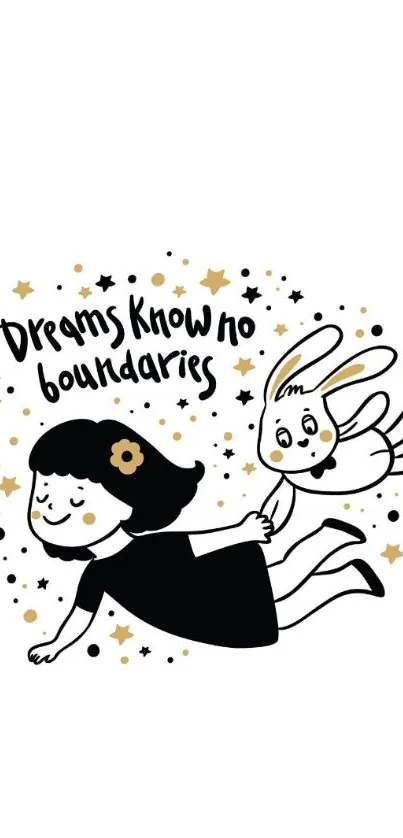 Whimsical wallpaper with girl and bunny flying, saying 'Dreams know no boundaries'.