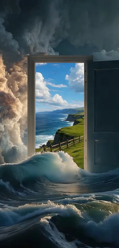 Surreal wallpaper with a door opening to a coastal landscape.