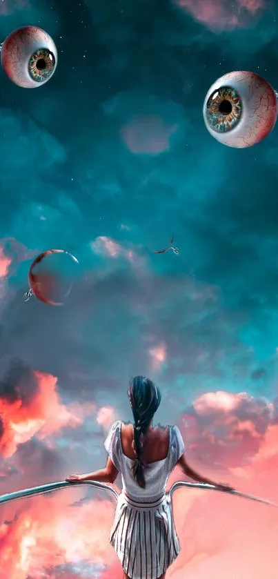 Surreal fantasy art wallpaper with dreamlike sky and mystical elements.