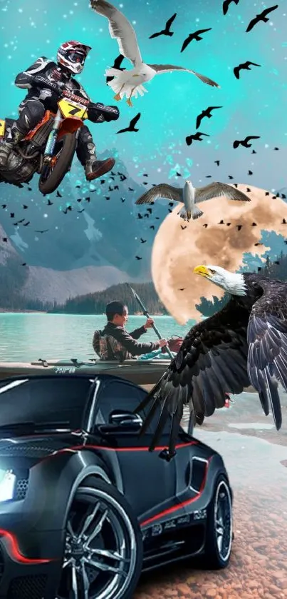 Surreal mobile wallpaper with car and moonlit lake scene in turquoise shades.