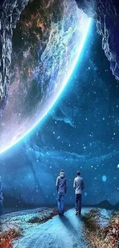 Two figures walking through a cosmic cave with a giant planet overhead.