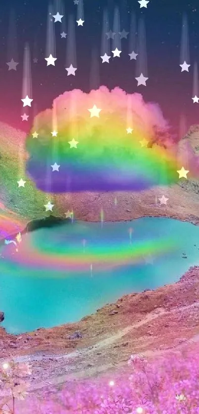 Surreal wallpaper with rainbow cloud over mystical lake under a dreamy sky.