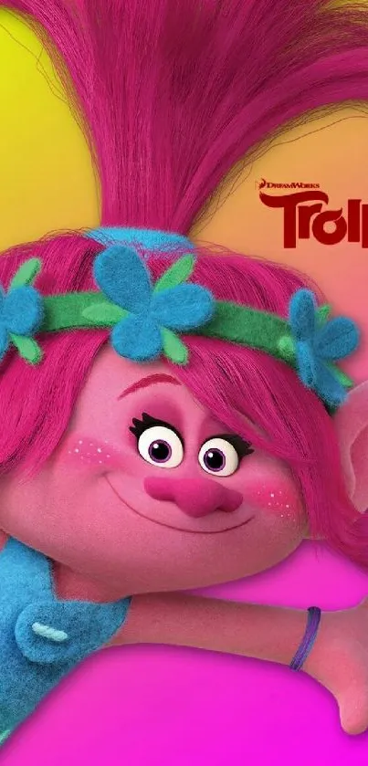 Vibrant Trolls character with pink hair and colorful background.