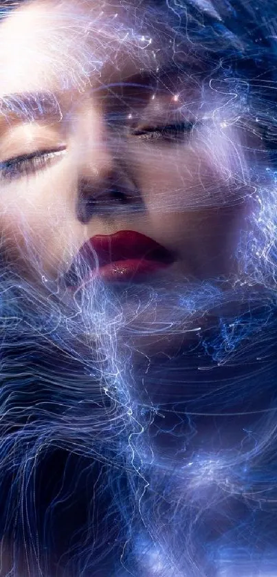 Dreamy abstract face with blue hues in artistic mobile wallpaper.