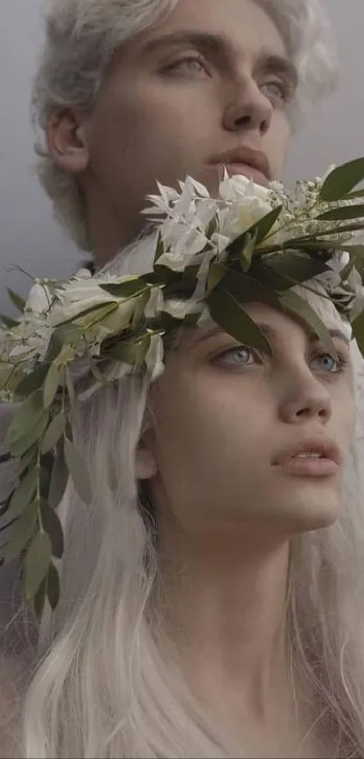 Ethereal portrait with flower crown and muted tones for mobile wallpaper.