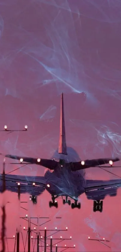 Dreamy airplane landing with pink sky and urban lights.