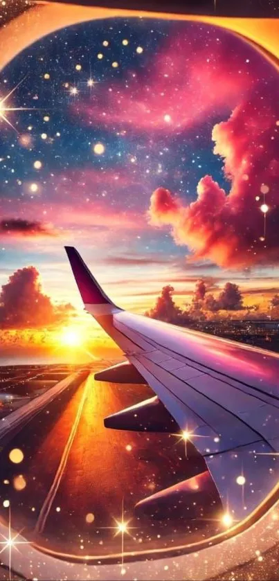Dreamy view through airplane window at sunset with stars and vibrant sky.