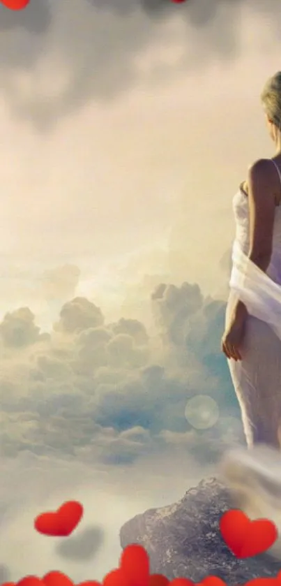 Dreamy angel among clouds and hearts wallpaper.