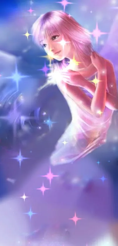 Dreamy angelic figure in a celestial scene with glowing stars.