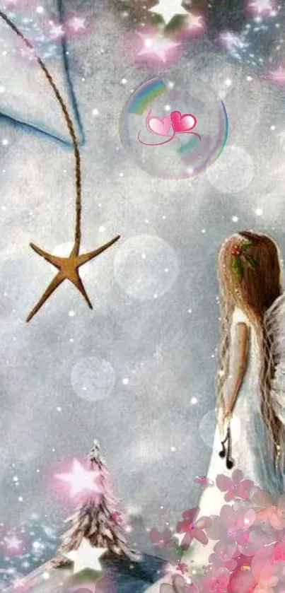 Whimsical angel in a starry, dreamy landscape wallpaper.