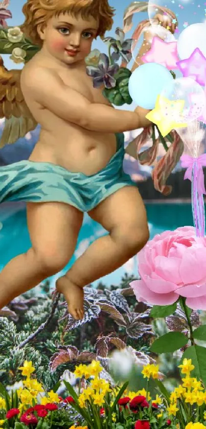 Cherub holding balloons with vibrant flowers and mountains in the background.