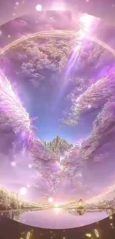 Celestial wallpaper with angelic wings and mystical purple sky.