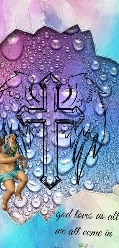 Angelic wallpaper with cross and colorful water droplets.