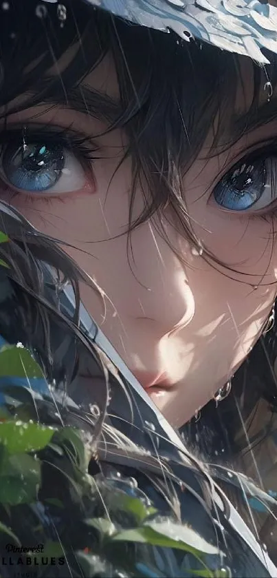 Dreamy anime art with expressive blue eyes and lush backdrop.