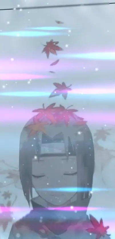 Anime character with autumn leaves and pastel colors on a mobile wallpaper.