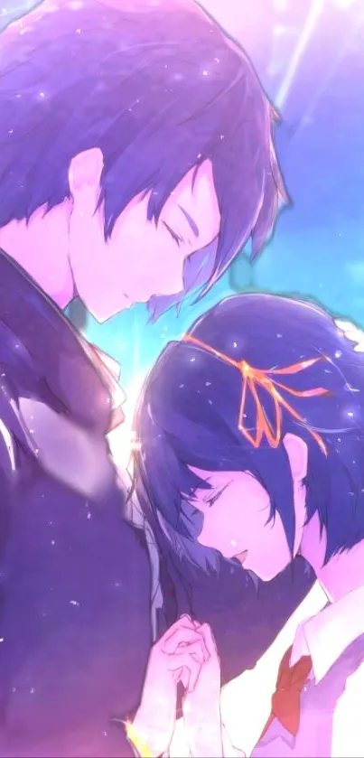 Anime couple in a dreamy, cosmic setting with a violet hue.