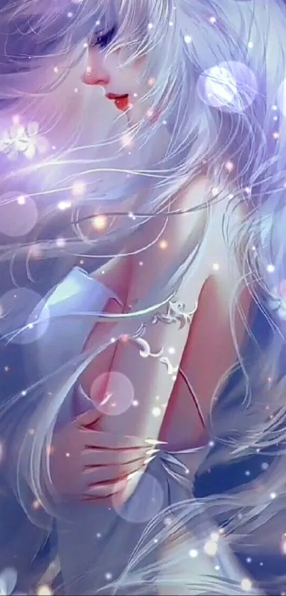 Anime character with flowing lavender hair and glowing flowers.