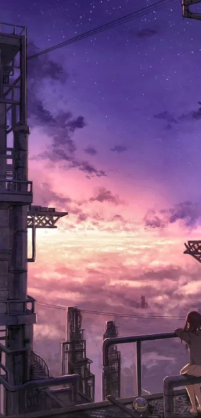 Anime cityscape with sunset and starry sky, girl gazing at horizon.