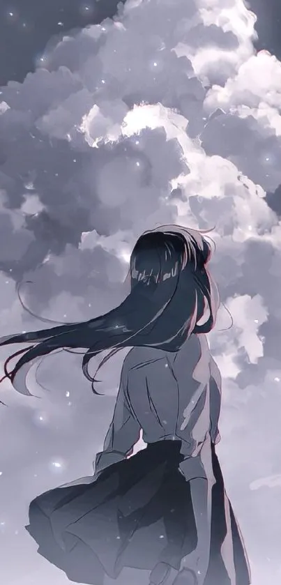 Anime girl gazing at cloudy sky wallpaper.