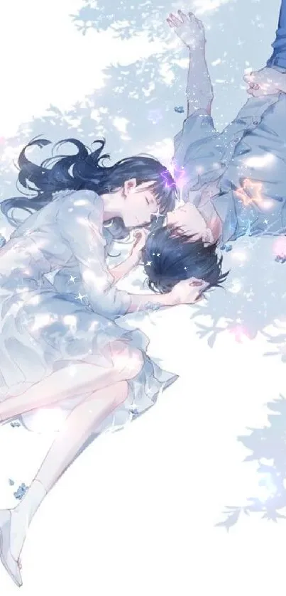 Dreamy anime couple lying under dappled sunlight in a serene setting.