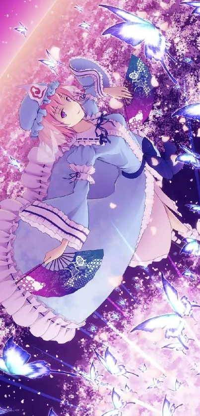 Dreamy anime girl with butterflies and vibrant colors in a fantasy setting.