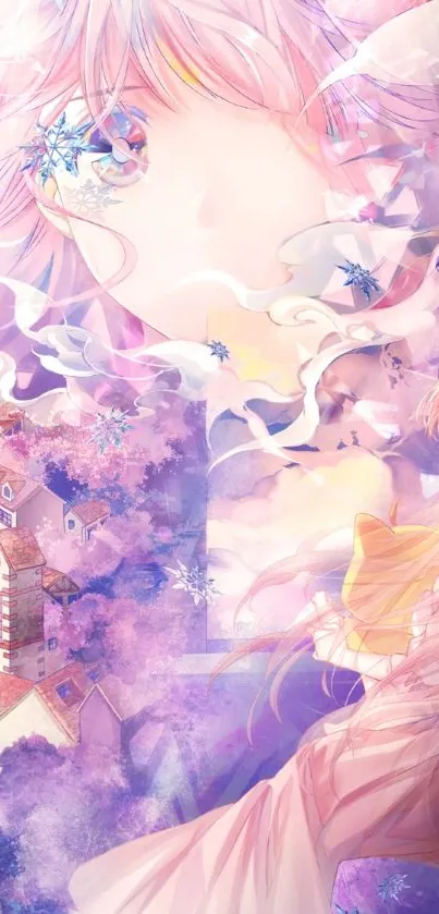 Dreamy anime fantasy mobile wallpaper with pastel colors and ethereal elements.