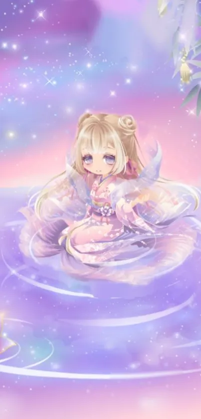 Charming anime character in a dreamy, purple fantasy setting with floral accents.