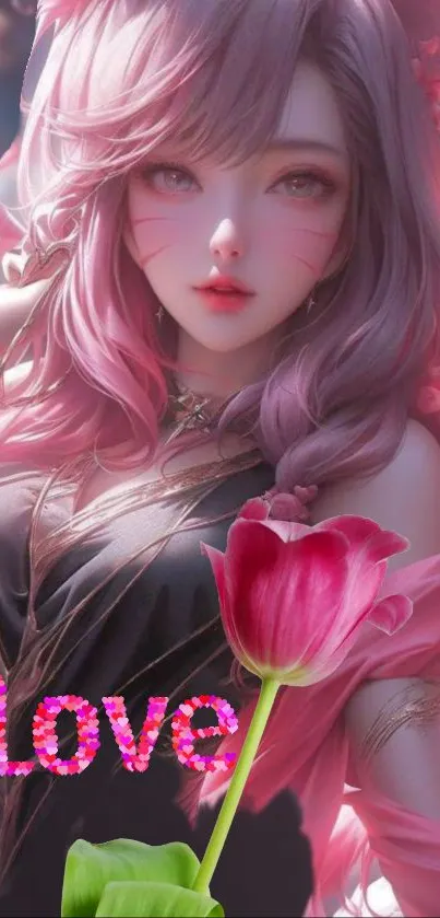 Dreamy anime girl with pink hair and tulip on mobile wallpaper.