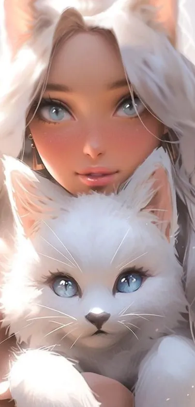 Anime girl holding a white cat with blue eyes in a dreamy pastel art style.