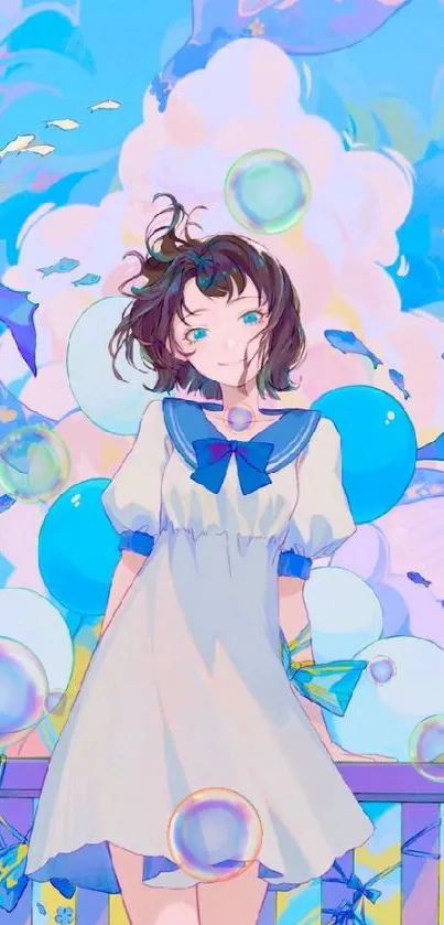 Anime girl with balloons in a dreamy, oceanic setting.