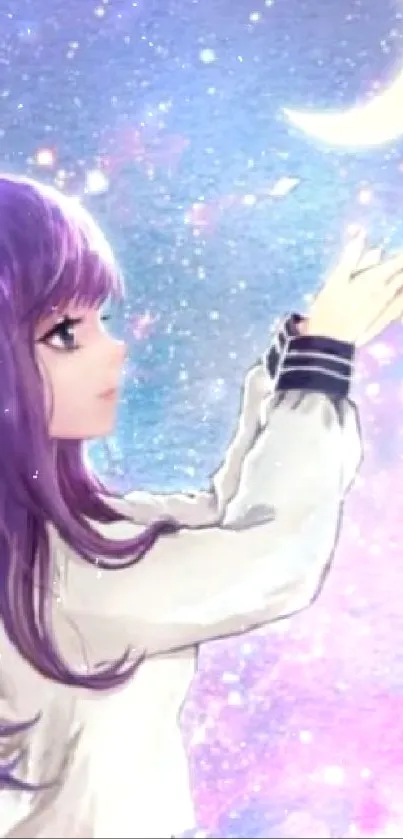 Anime girl with purple hair reaching for the moon in a starry sky.