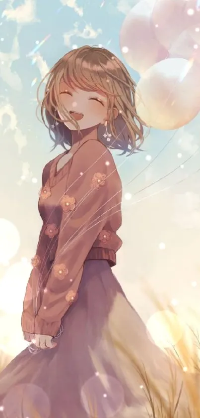 Anime girl with pastel balloons under a bright sky.