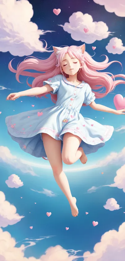 Anime girl floating among pastel clouds.