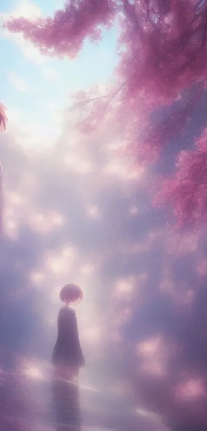 Anime scene with cherry blossoms and two figures under pink skies.