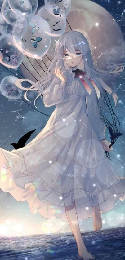 Anime girl holding balloons under moonlight with birds.