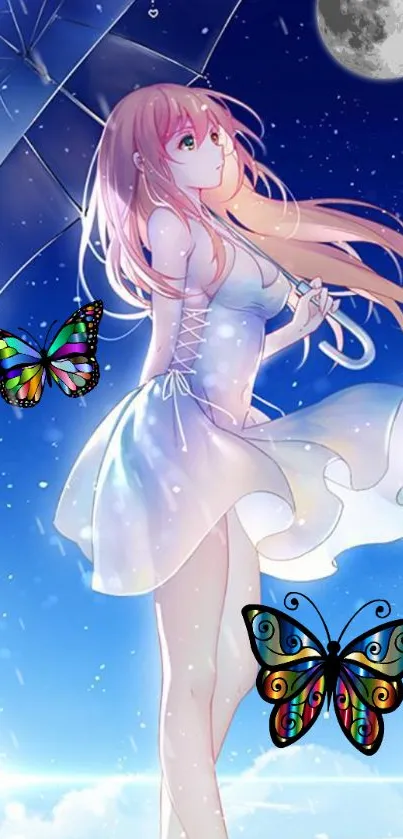 Anime girl with umbrella and butterflies under a night sky.