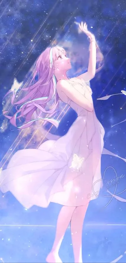 Anime girl in a dreamy night sky with butterflies, perfect for mobile wallpaper.