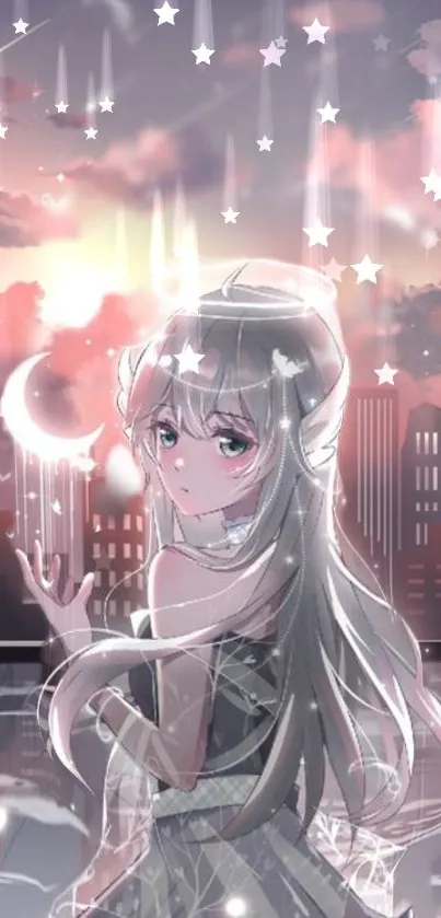 Anime girl in a starry night cityscape with dreamy light effects.