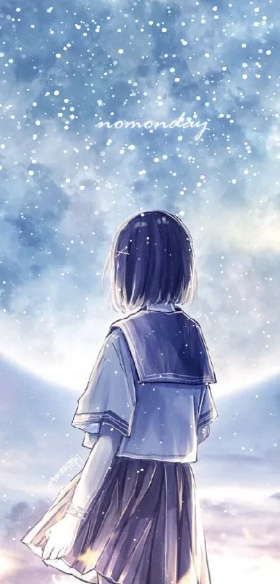 Anime girl gazing at a dreamy, celestial night sky.