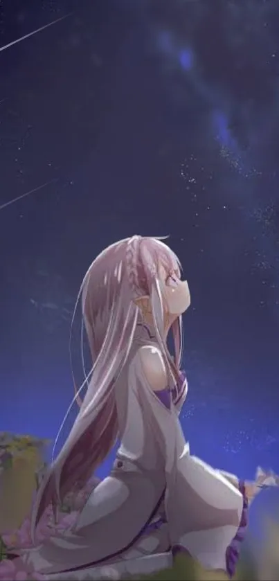 Girl gazes at starry anime night sky with shooting stars.