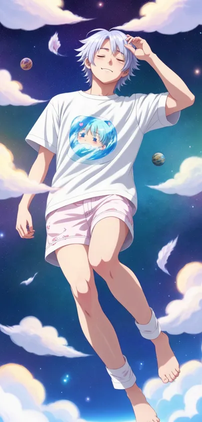 Anime character floating among stars and clouds in a night sky.