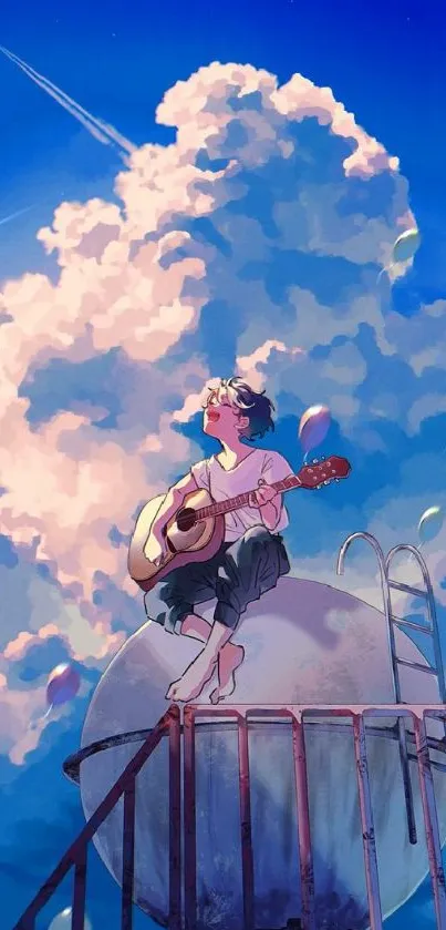 Anime girl playing guitar under a dreamy blue sky with clouds.