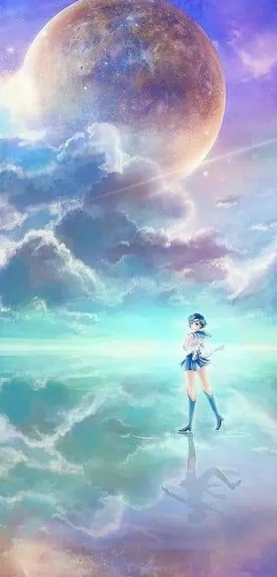 Mystical anime girl beneath a celestial sky with a moon reflection.