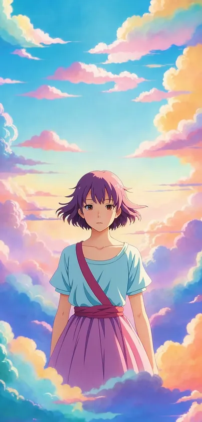 Anime girl in vibrant clouds with pastel colors.