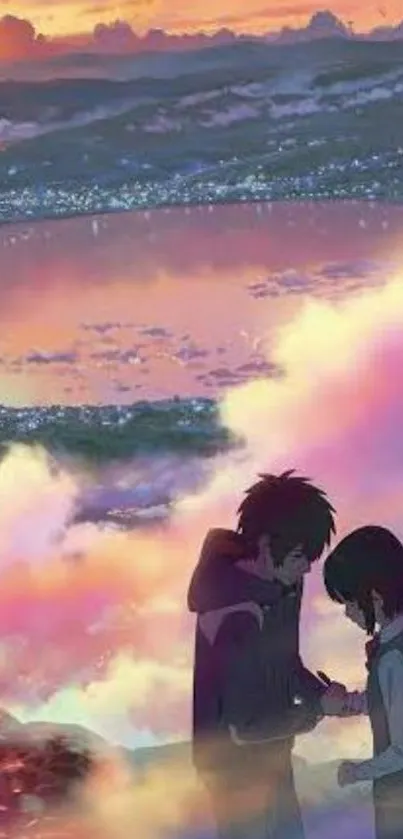 Anime characters by a pastel-colored sunset over an ocean, creating a dreamy scene.