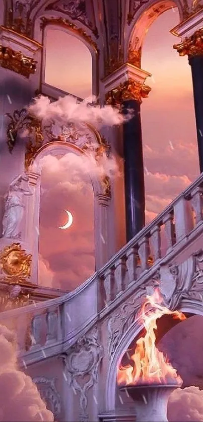 Dreamy fantasy architecture with clouds and sculptures.